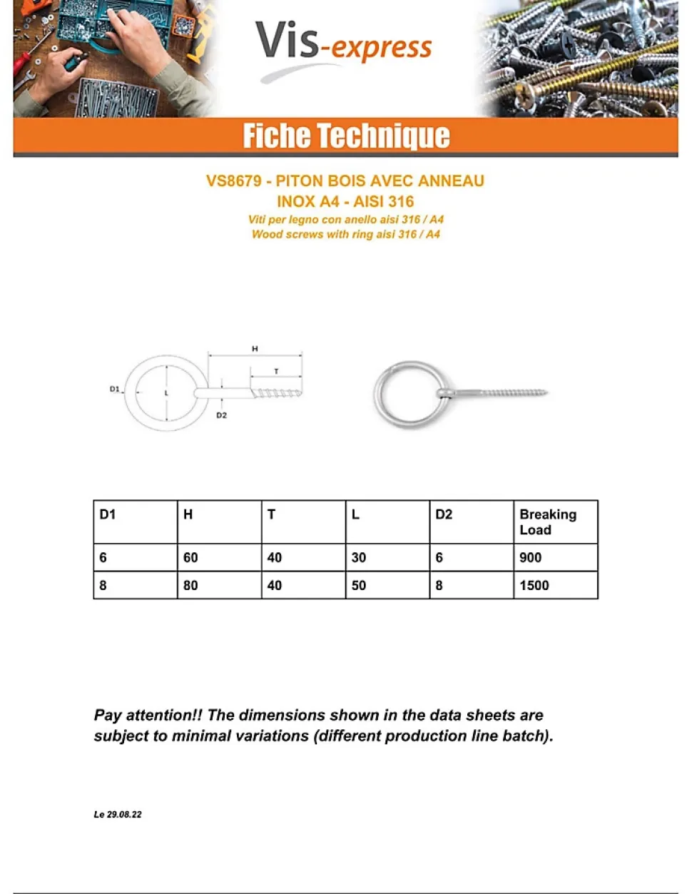 Piton Anneau Filetage Bois 8X80 Filetée sur 40 Inox A4 - 1 pièce