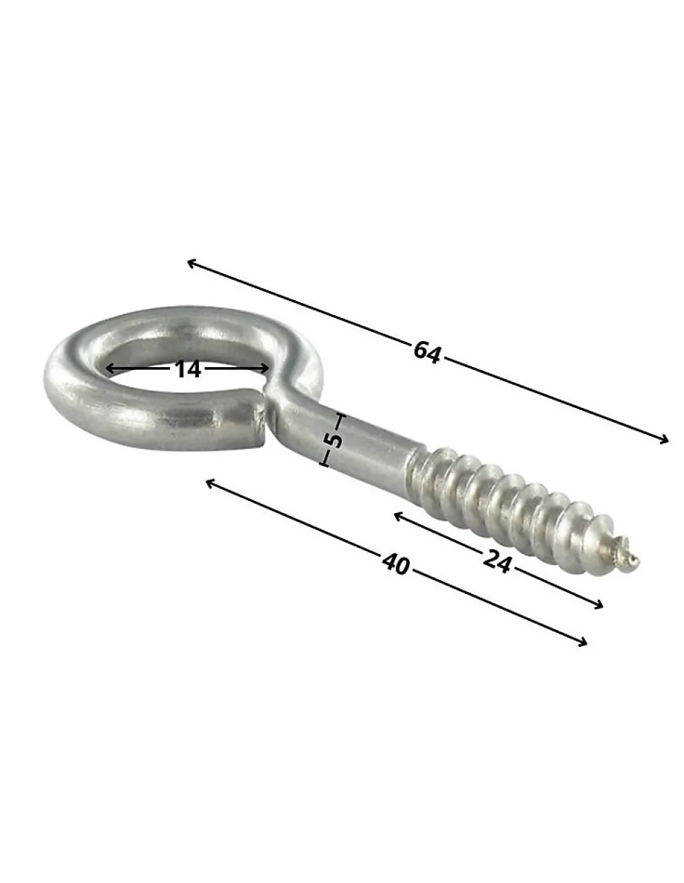 Piton Bois 5X40 Filetée sur 24 Longueur total 64 Oeil 14 Inox A2 - 10 pièces