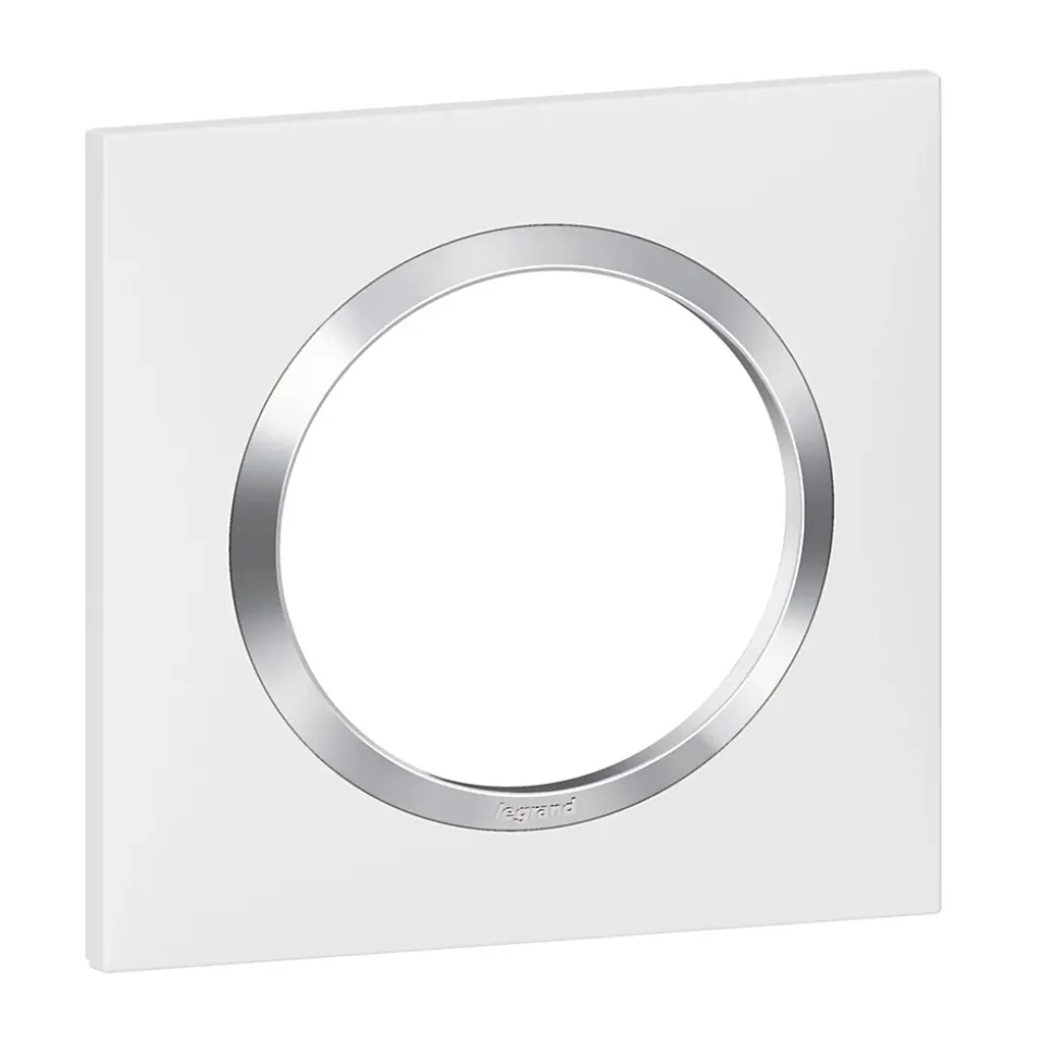 Plaque de finition 1 poste Legrand Dooxie 6 008 41 coloris blanc mat avec bague effet chrome l.87 x P.10 x H.87 mm