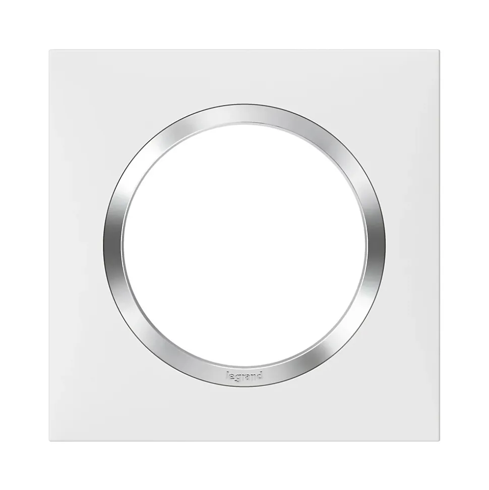 Plaque de finition 1 poste Legrand Dooxie 6 008 41 coloris blanc mat avec bague effet chrome l.87 x P.10 x H.87 mm