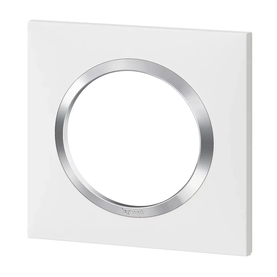 Plaque de finition 1 poste Legrand Dooxie 6 008 41 coloris blanc mat avec bague effet chrome l.87 x P.10 x H.87 mm