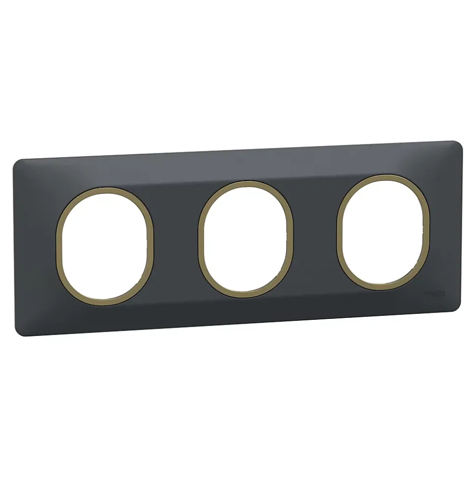 Plaque de finition 3 postes Schneider Electric Ovalis S340706E coloris anthracite avec liseré laiton l.229 x P.10 x H.87 mm