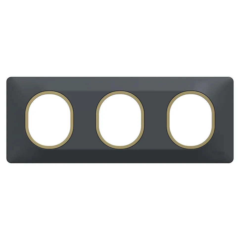 Plaque de finition 3 postes Schneider Electric Ovalis S340706E coloris anthracite avec liseré laiton l.229 x P.10 x H.87 mm