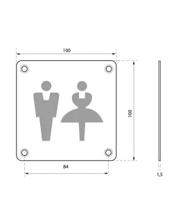 Plaque de signalisation WC Mixte , à visser, inox brossé, marquage noir, 100x100mm - THIRARD