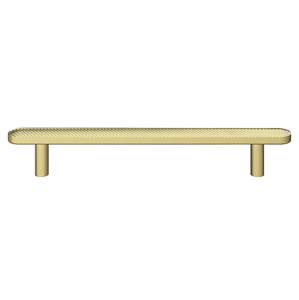 Poignée de meuble arrondi GoodHome Garlan aluminium effet laiton satin doré l.168mm x l.15mm x H. 27mm entraxe 128mm