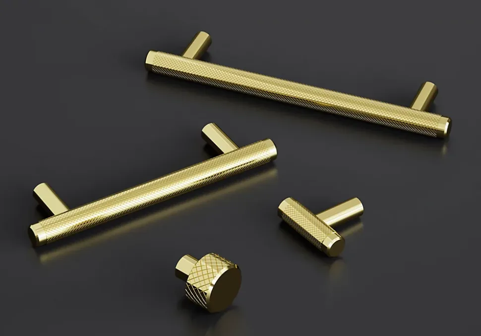 Poignée de meuble en T GoodHome Irus acier effet laiton satin doré l.136mm x l.12mm x H. 35mm entraxe 96mm