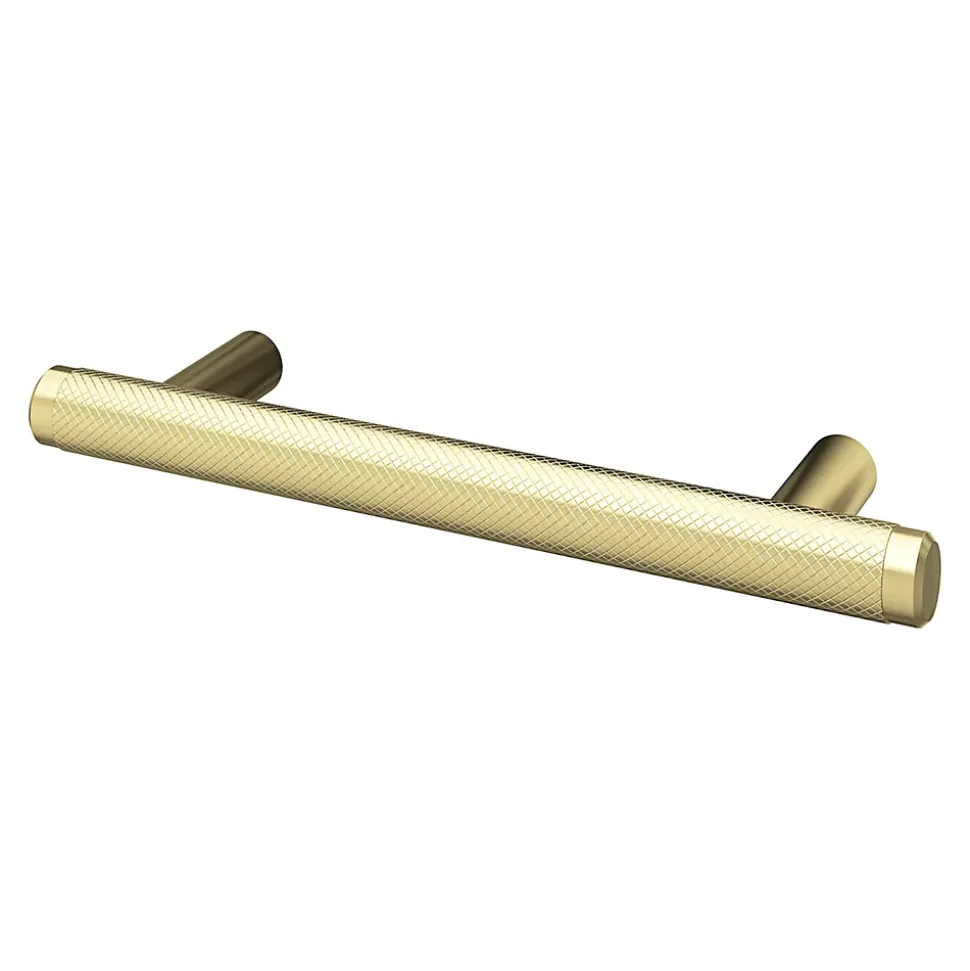 Poignée de meuble en T GoodHome Irus acier effet laiton satin doré l.136mm x l.12mm x H. 35mm entraxe 96mm