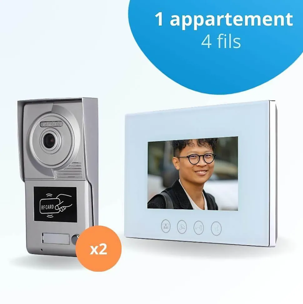 Portier interphone vidéo classic 4 fils pour 2 entrées - 1 appartement - 2 platines - 1 écran blanc 7" - avec mémoire pho...