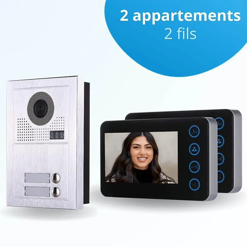 Portier interphone vidéo modern 2 fils - 2 appartements - 2 écrans noirs