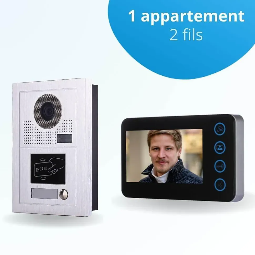 Portier interphone vidéo modern 2 fils - 1 appartement - 1 écran noir - avec lecteur de badge