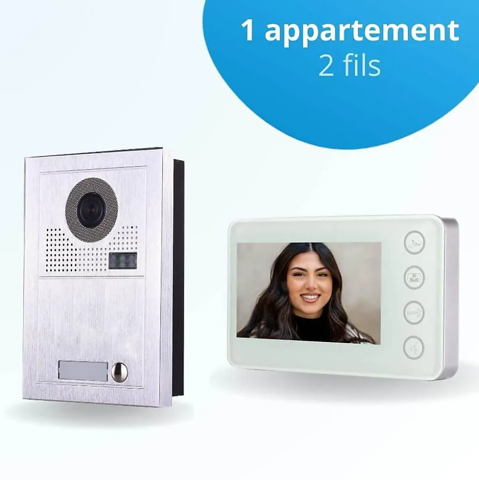 Portier interphone vidéo modern 2 fils - 1 appartement - 1 écran blanc