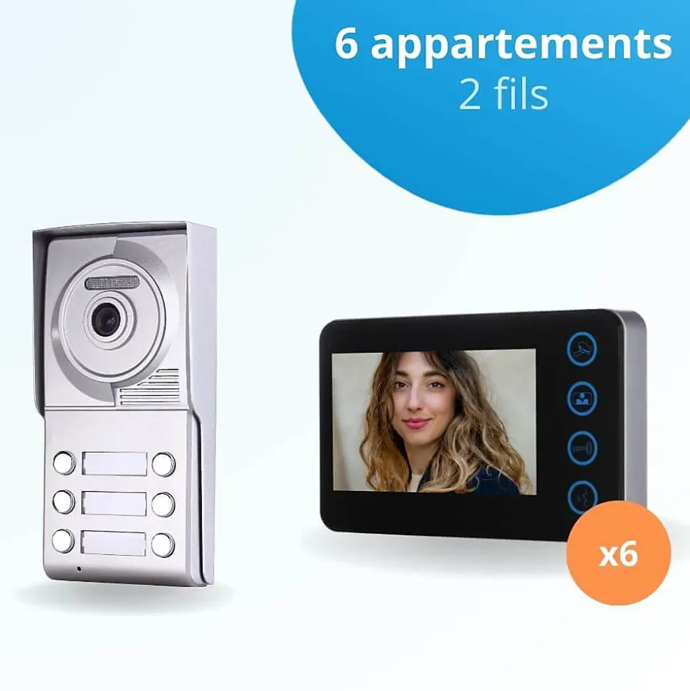 Portier interphone vidéo neo 2 fils - 6 appartements - 6 écrans noirs