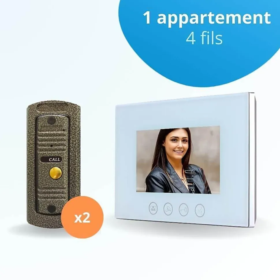 Portier interphone vidéo pino 4 fils pour 2 entrées - 1 appartement - 2 platines - 1 écran blanc 7" - avec mémoire photos