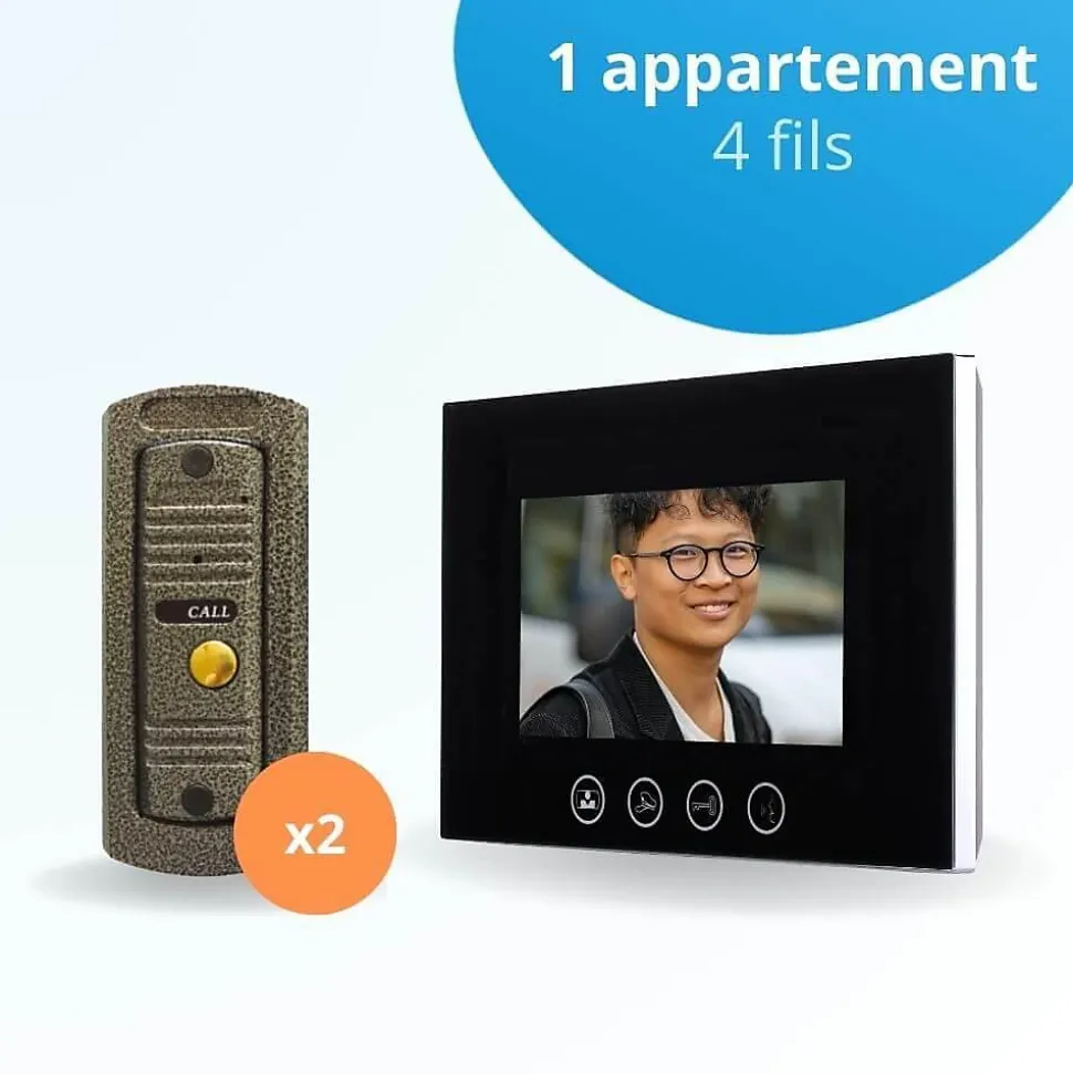 Portier interphone vidéo pino 4 fils pour 2 entrées - 1 appartement - 2 platines - 1 écran noir 7" - avec mémoire photos