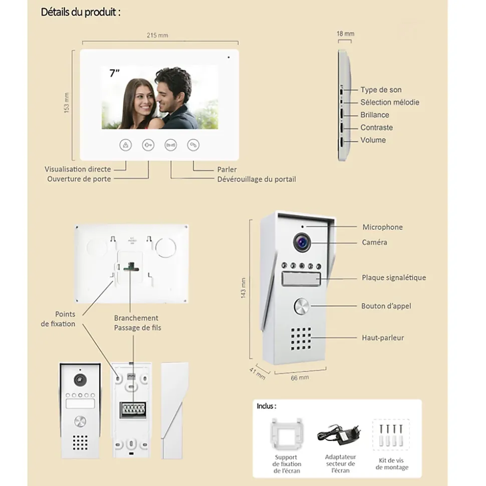 Portier Vidéo filaire connecté Wifi avec Ecran tactile 7p, 2 fils, Contrôle vocal