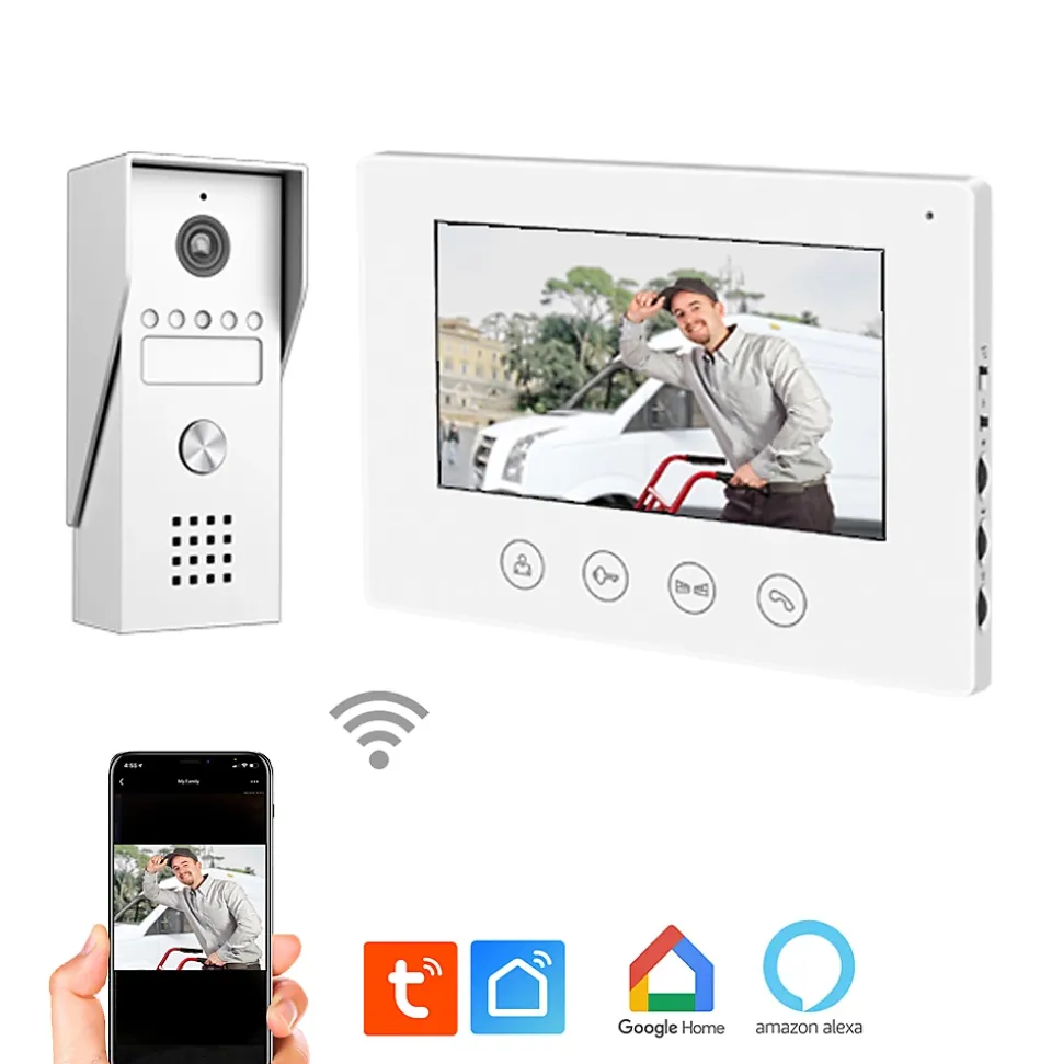 Portier Vidéo filaire connecté Wifi avec Ecran tactile 7p, 2 fils, Contrôle vocal