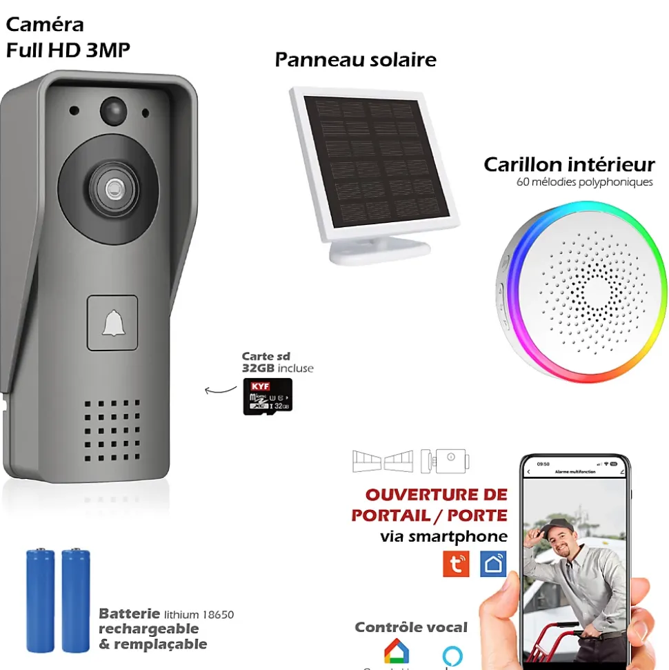 Portier Vidéo Solaire connecté Wifi avec Carillon intérieur 60 mélodies