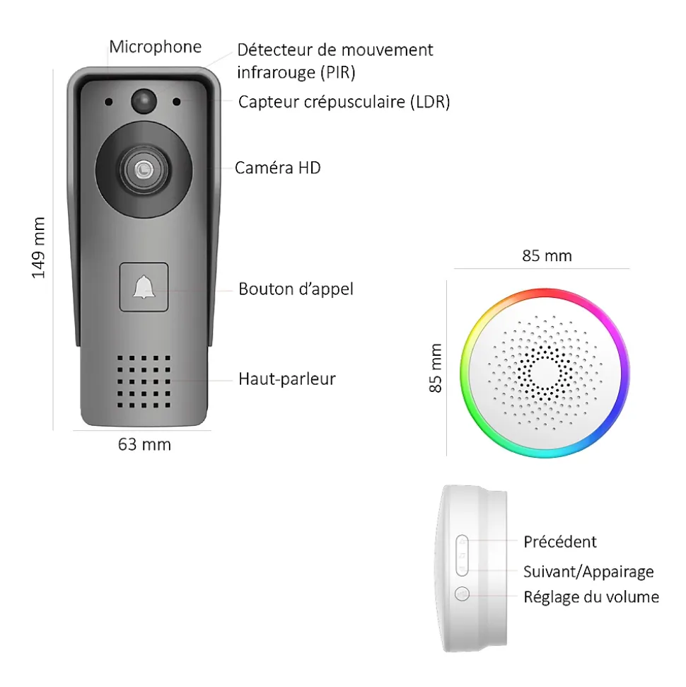 Portier Vidéo Solaire connecté Wifi avec Carillon intérieur 60 mélodies