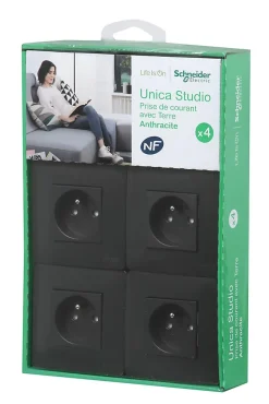 Prise avec terre complète Schneider Electric Unica Déco anthracite, lot de 4