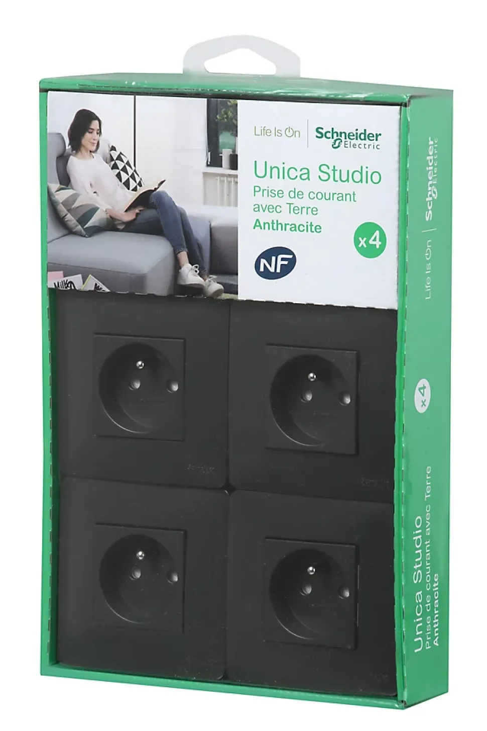 Prise avec terre complète Schneider Electric Unica Déco anthracite, lot de 4