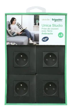 Prise avec terre complète Schneider Electric Unica Déco anthracite, lot de 4