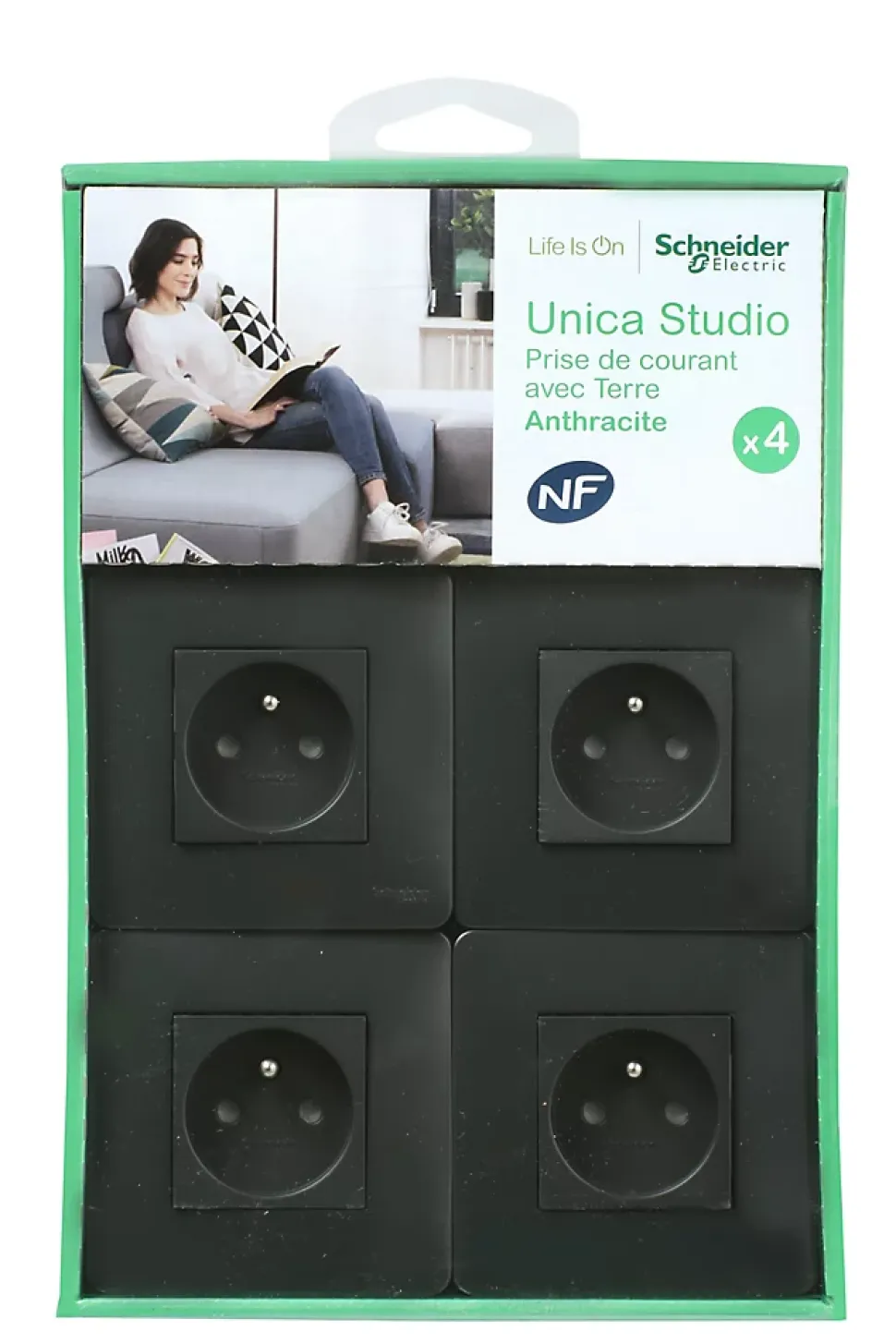 Prise avec terre complète Schneider Electric Unica Déco anthracite, lot de 4