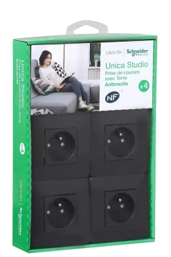 Prise avec terre complète Schneider Electric Unica Déco anthracite, lot de 4
