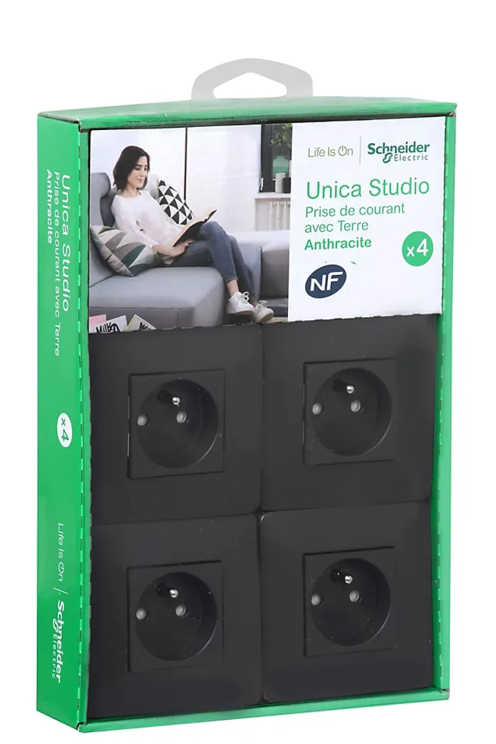 Prise avec terre complète Schneider Electric Unica Déco anthracite, lot de 4