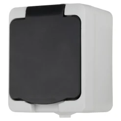 Prise avec terre étanche en saillie gris complet - H 7,6 cm / L 5,5 cm / P 4,3 cm