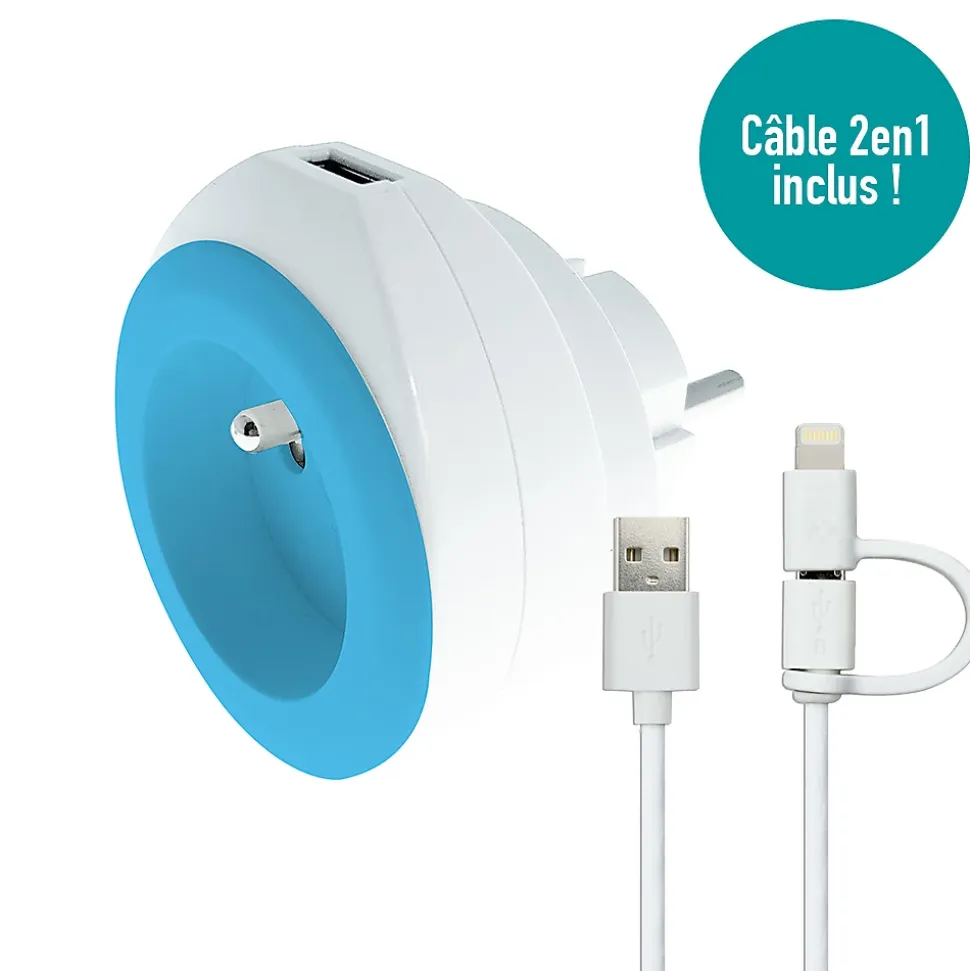 Prise BEWATT + chargeur USB Bleu - Watt and Co