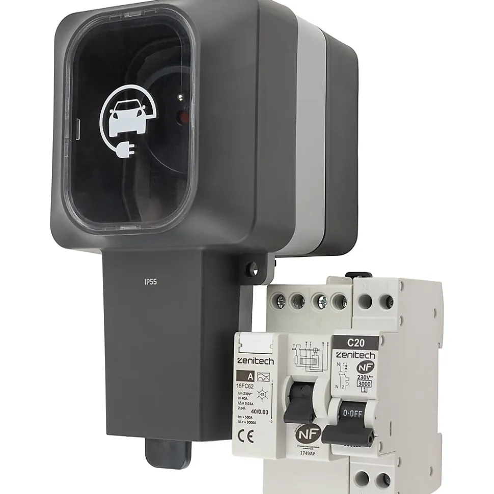 Prise Easy Charge IP55 3,6 kW + interrupteur diff + disjoncteur Protec
