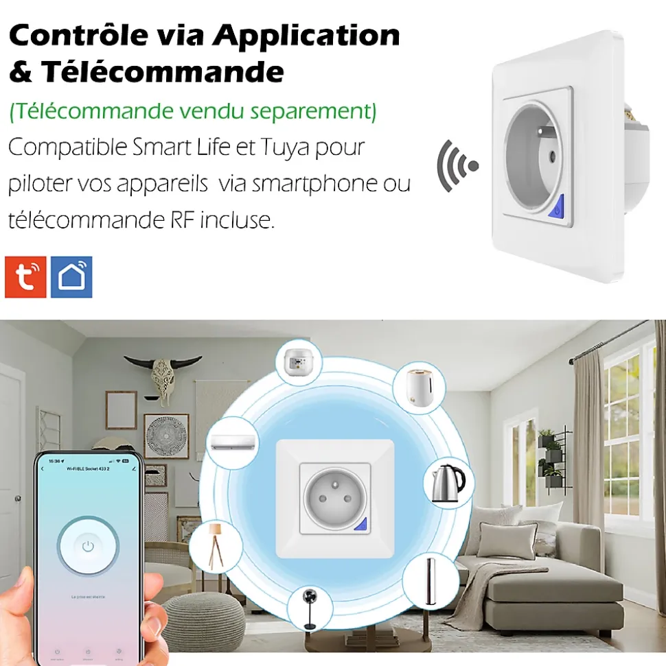 Prise intérieure encastrée 3000W connectée Wifi + Suivi de consommation