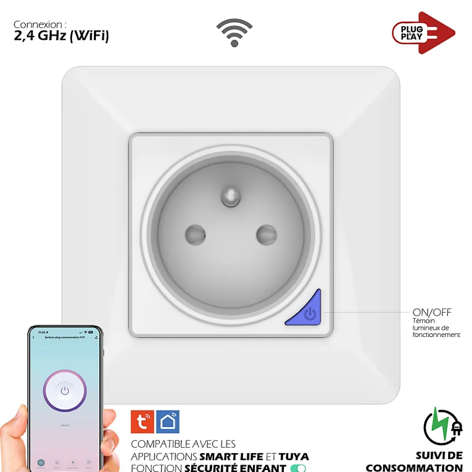 Prise intérieure encastrée 3000W connectée Wifi + Suivi de consommation