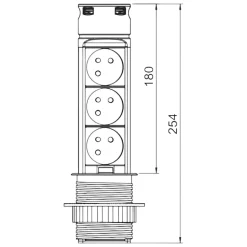 Prise plan de travail SKY - Bloc 3 prises + 2 USB-A rétractable inox et noir