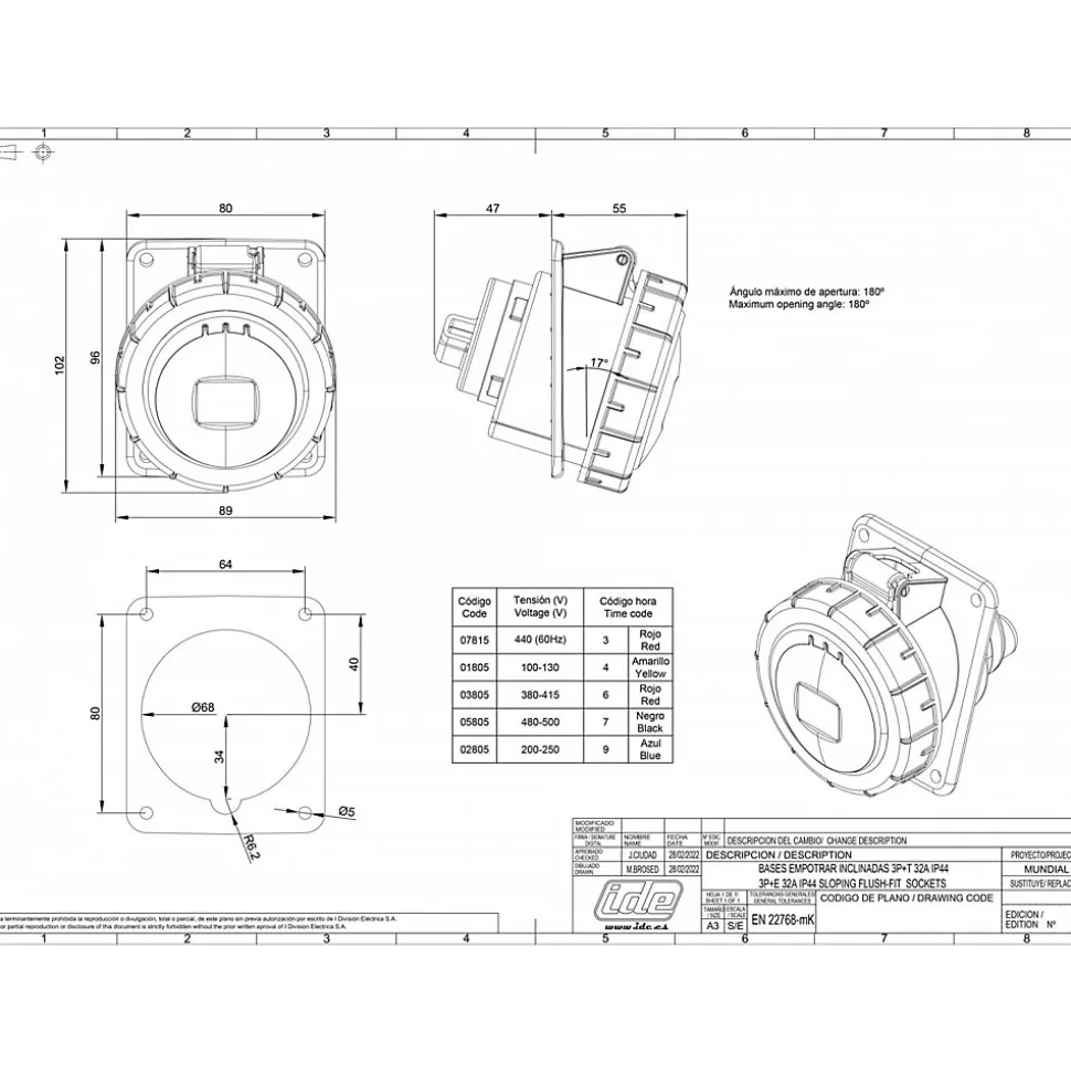 Prise Triphasé 32a 3p+t - 4 Broches - Encastrable Sur Coffret - étanche Ip67 - Ide
