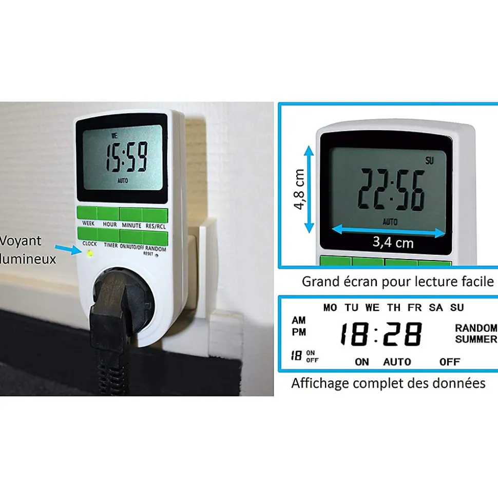 Programmateur digital 16A 3680W - 10 programmes - Mode aléatoire - Écran LCD - Mémoire intégrée
