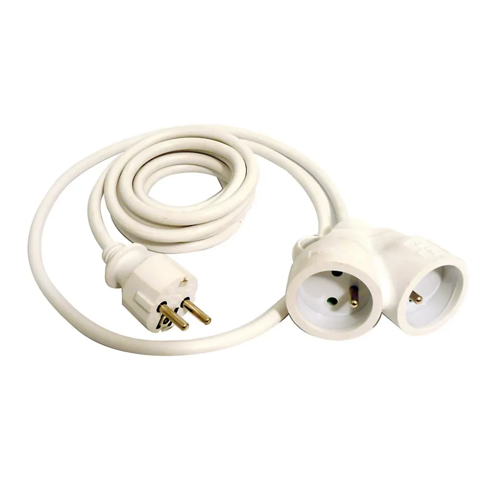 Prolongateur Bi tête 3G1,5mm² - Blanc 3m - 1 prise mâle + 2 prises Femelle - Blanc - Zenitech