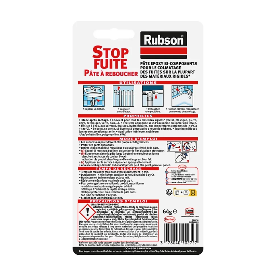 Pâte à reboucher Rubson Salle de bain Saine Stop fuite 64g