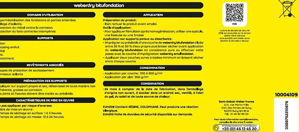 Revêtement d'imperméabilisation des fondations et collage d’isolants 25 kg prêt à l'emploi, Weberdry Bitufondation