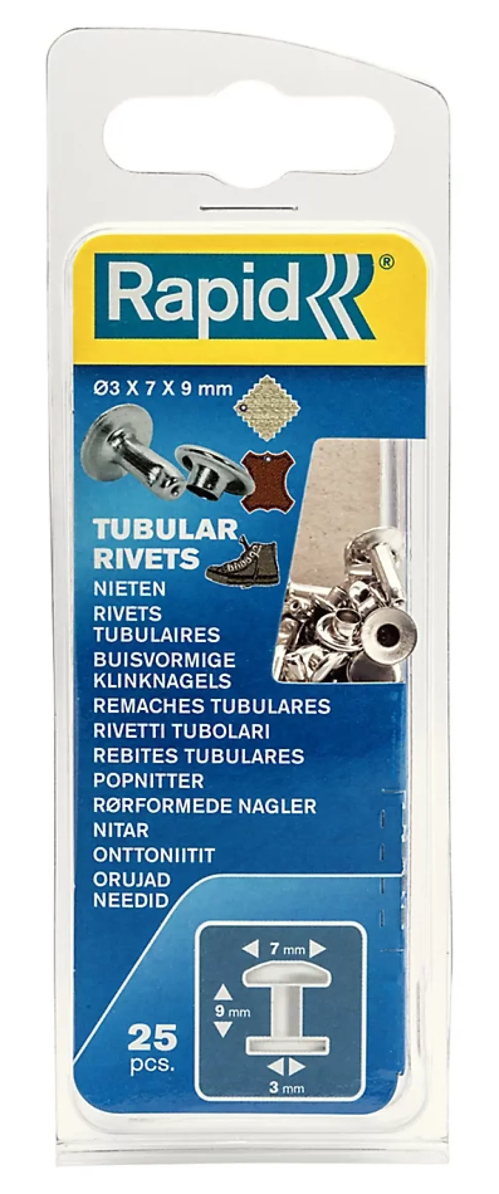 Rivet tubulaire vendu par 25 Rapid 5000414 en acier Ø 7 x L.9 mm Ø de la tige 3 mm