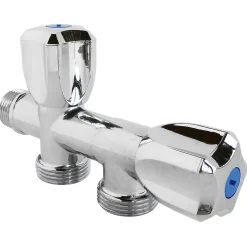Robinet à clapet à double sorties pour l'alimentation de 2 machines à laver, Entrée Mâle 1/2" - Double sortie Mâle 3/4" Somatherm for you