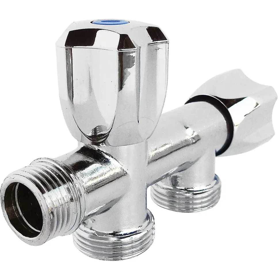 Robinet à clapet à double sorties pour l'alimentation de 2 machines à laver, Entrée Mâle 1/2" - Double sortie Mâle 3/4" Somatherm for you