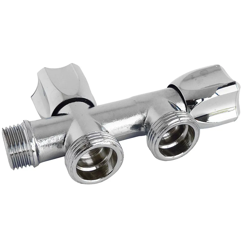 Robinet à clapet à double sorties pour l'alimentation de 2 machines à laver, Entrée Mâle 1/2" - Double sortie Mâle 3/4" Somatherm for you