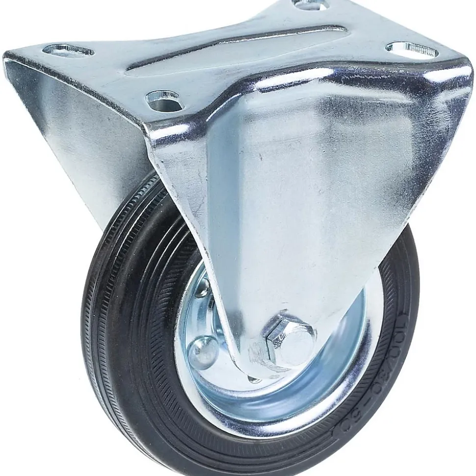 Roulette fixe de 100 mm avec caoutchouc noir sur roue centrale en acier embouti