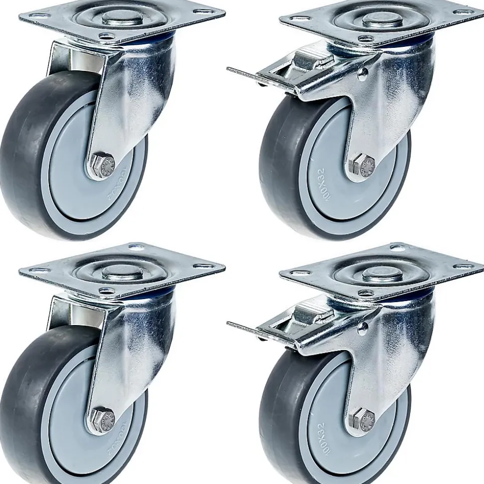 Roulette 100mm 4" à bandage caoutchouc gris, pivotante et avec frein, forte capacité de 440kg, jeu de 4