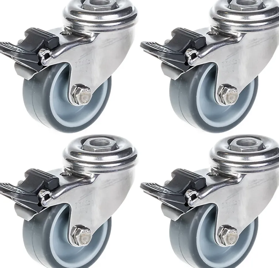 Roulette 50mm 2" en acier inoxydable caoutchouc gris, pivotante avec frein, 160kg, jeu de 4