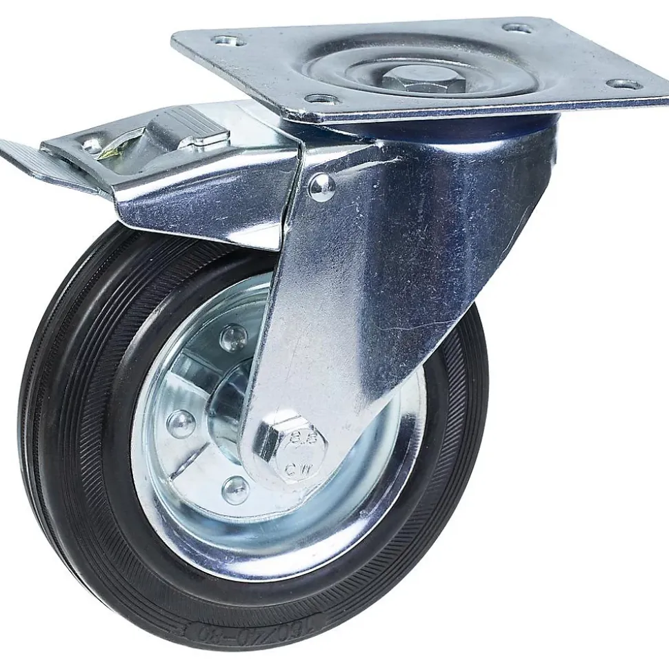 Roulette pivotante/frein de 160 mm en caoutchouc noir sur roue centrale en acier embouti