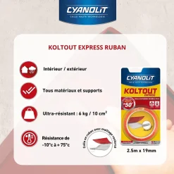 Ruban adhésif double face Cyanolit Koltout Express 2,5 m x 19 mm