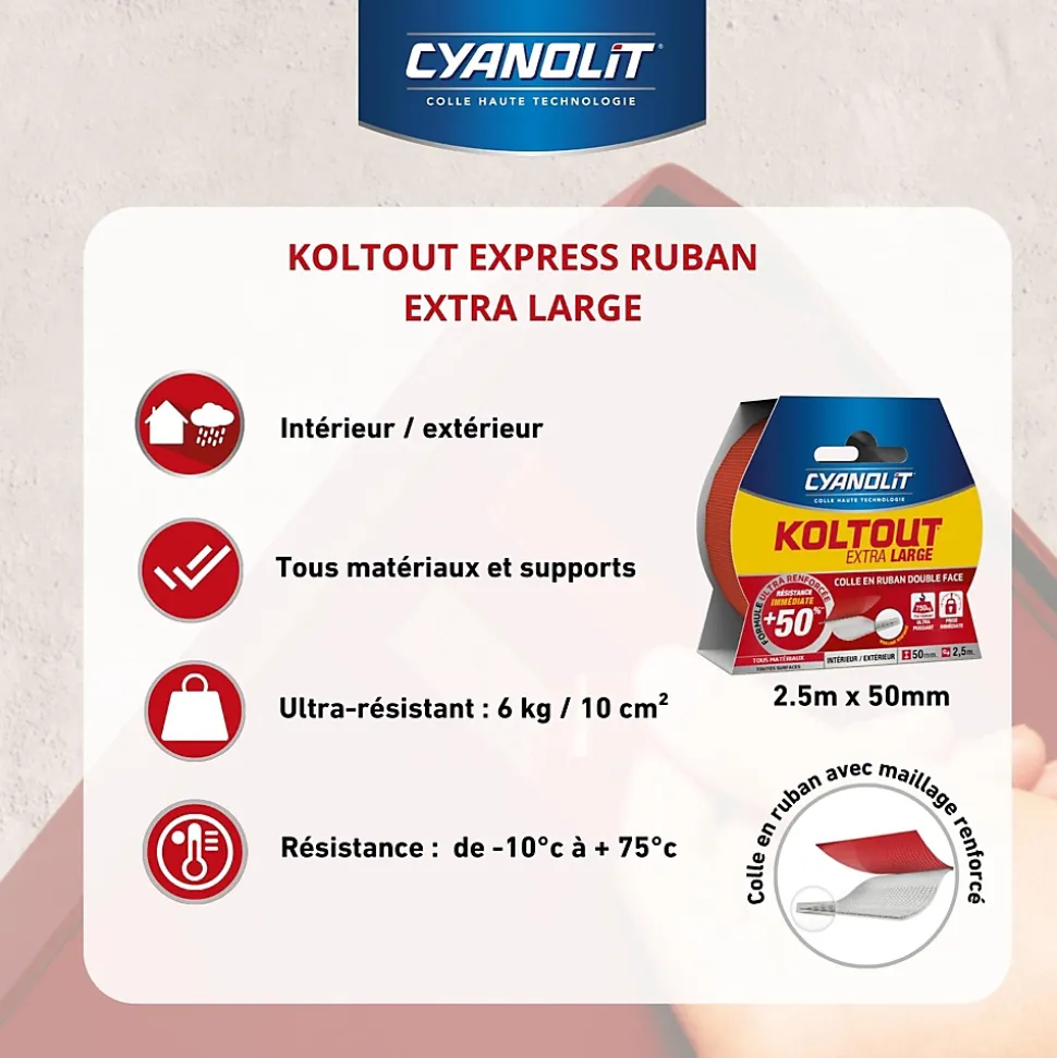 Ruban adhésif double face Cyanolit Koltout Express 48 mm x 18 mm - 10 pièces