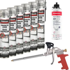 RUBSON Pack 6 Mousses construction 750ml Fix Express + Nettoyant FoamCleaner 929 500ml Penosil + Pistolet